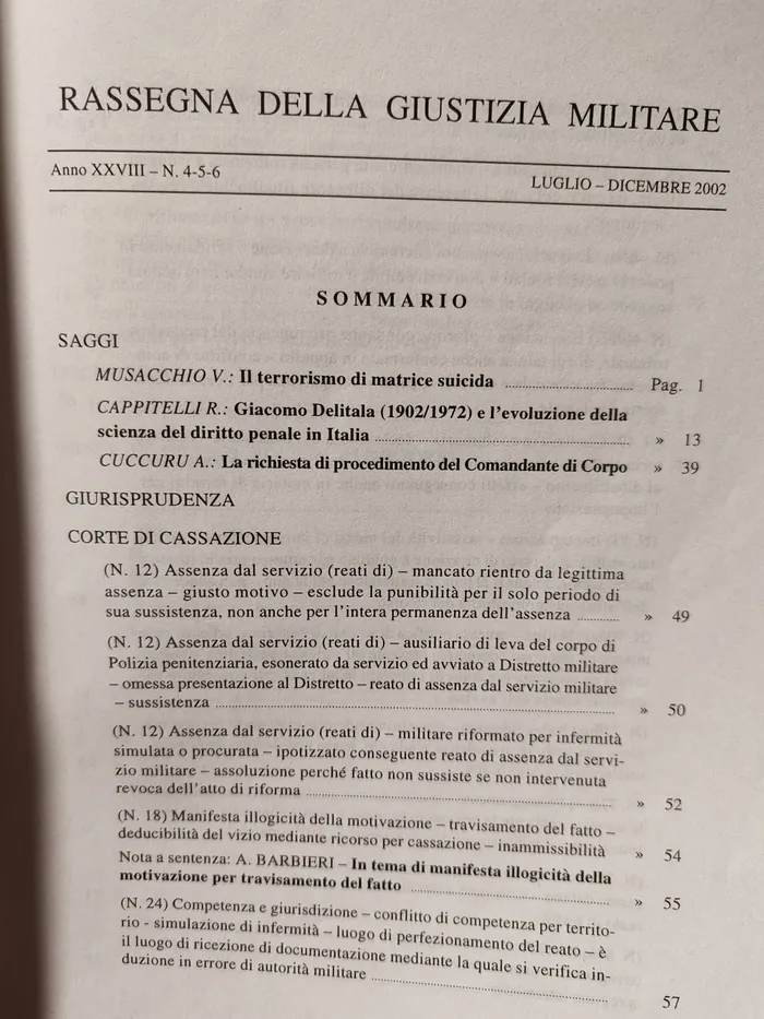 Il sommario della Rassegna della Giustizia Militare, luglio-dicembre 2002
