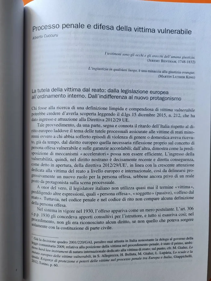 La prima pagina del capitolo «Processo penale e difesa della vittima vulnerabile», in «Le ferite della vittima»
