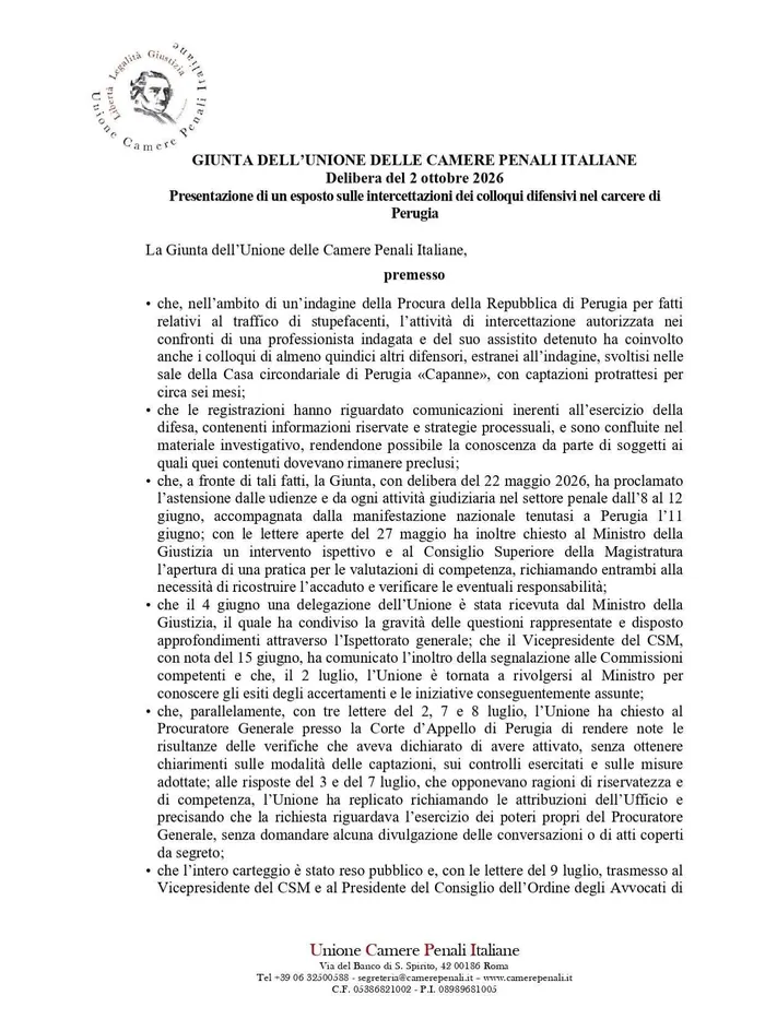 La prima pagina della delibera della Giunta dell'Unione delle Camere Penali Italiane