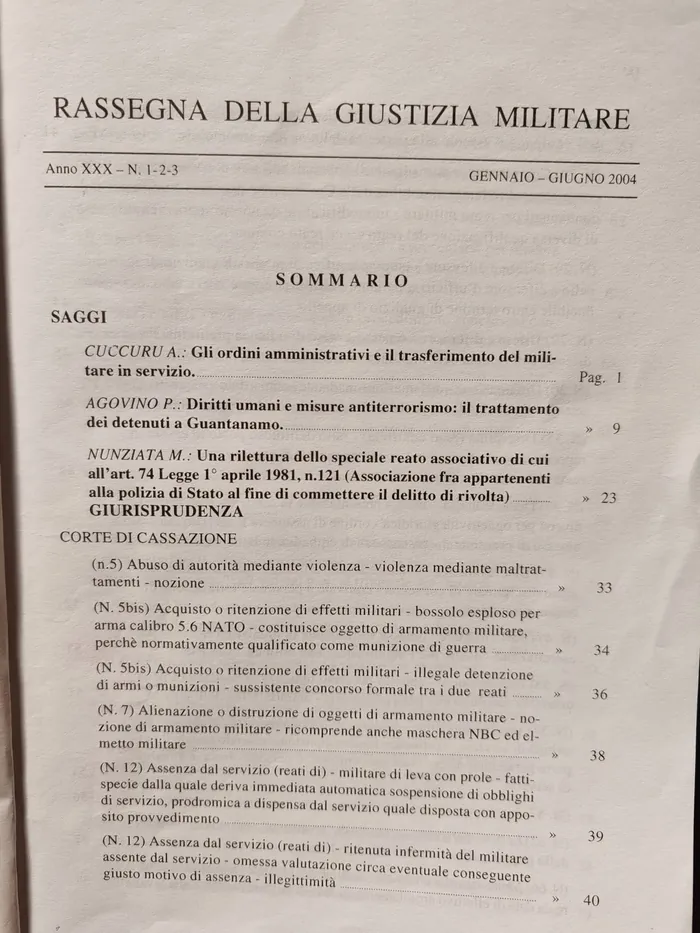 Il sommario della Rassegna della Giustizia Militare, gennaio-giugno 2004
