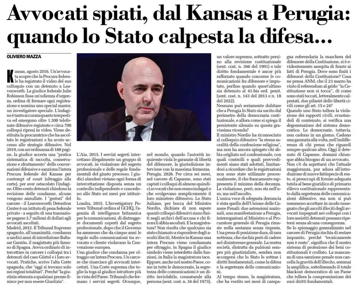 L'articolo «Avvocati spiati, dal Kansas a Perugia» di Oliviero Mazza