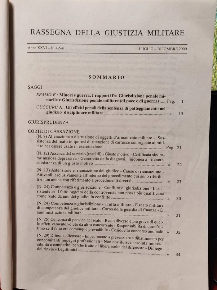 Il sommario della Rassegna della Giustizia Militare, luglio-dicembre 2000